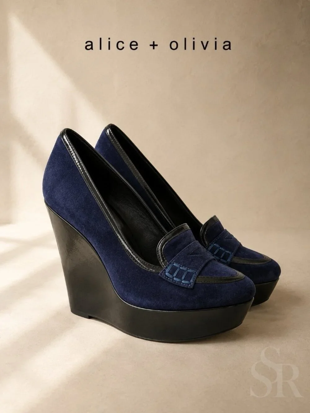 Alice + Olivia Navy Suede Penny Loafer Wedge Pumps Platform Heels EU 38 US7.5